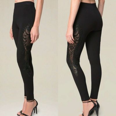 Bebe Women's Black High-Waisted Leggings with Sheer Lace/Leather Detail XS